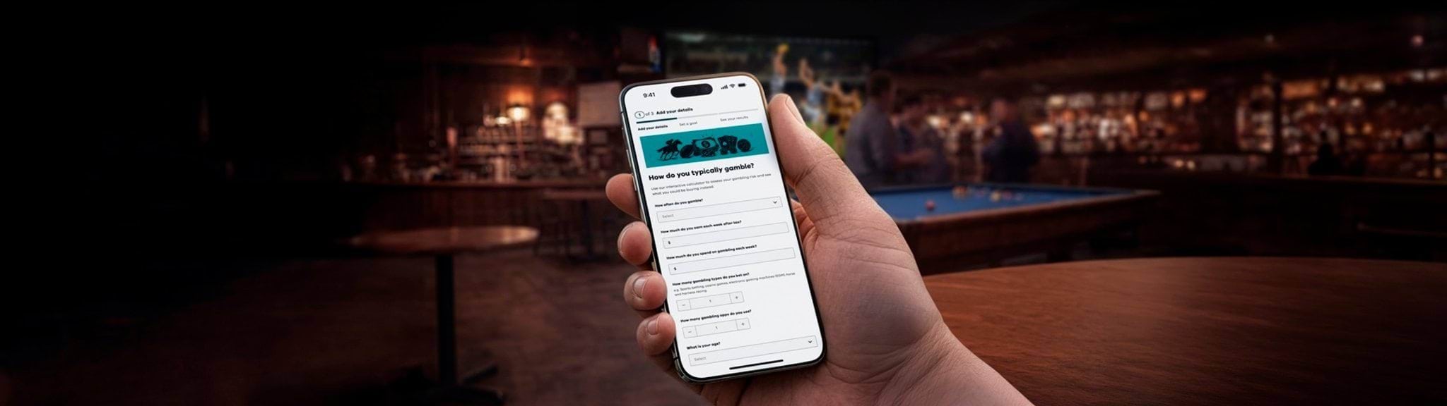 A phone screen shows a page asking about gambling behaviours in a pub setting.